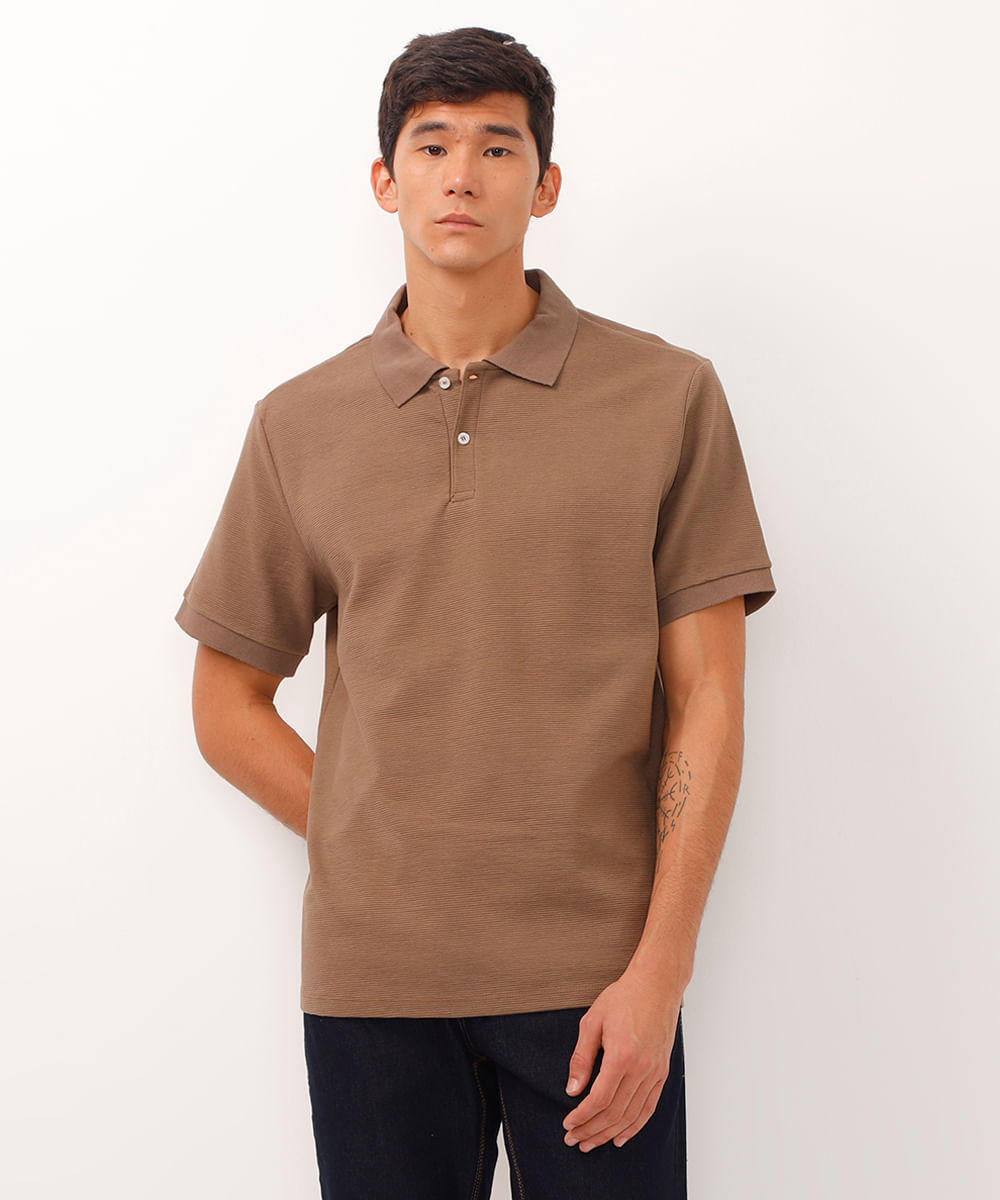 polo de algodão texturizada manga curta bege