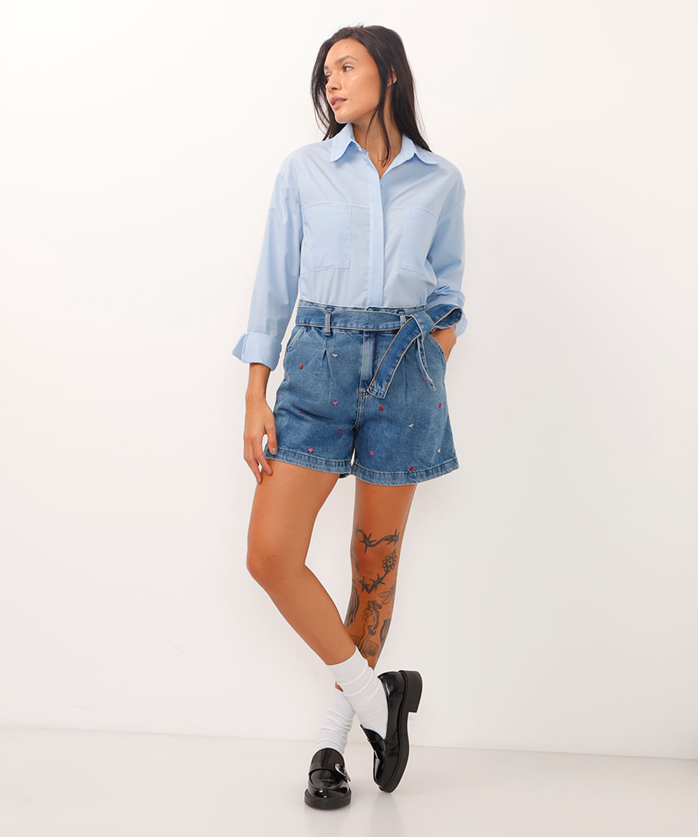 short clochard jeans cintura super alta coração azul