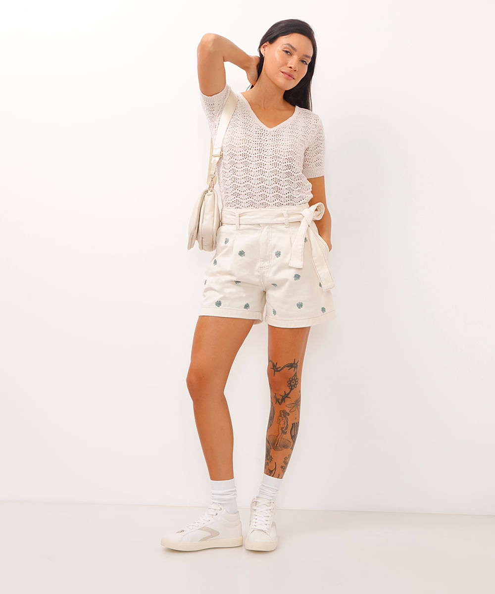 short clochard de sarja cintura super alta folhagem bege