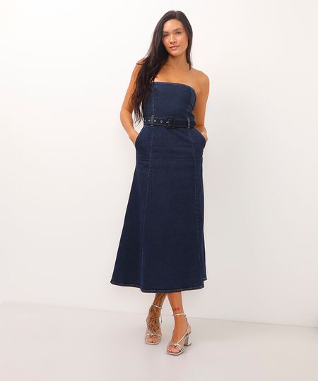 vestido midi jeans evasê sem alça com cinto azul PP