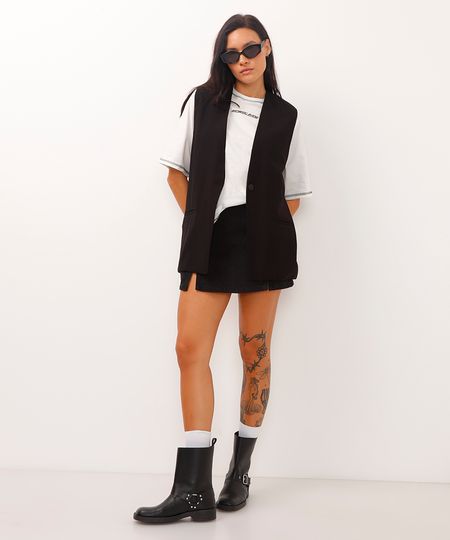 short saia de sarja cintura alta com fenda preto 42 short saia de sarja cintura alta com fenda preto 42