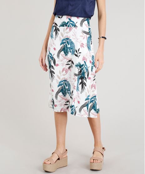 Saia-Feminina-Midi-Evase-Estampada-de-Folhas-Branca-9309646-Branco_1