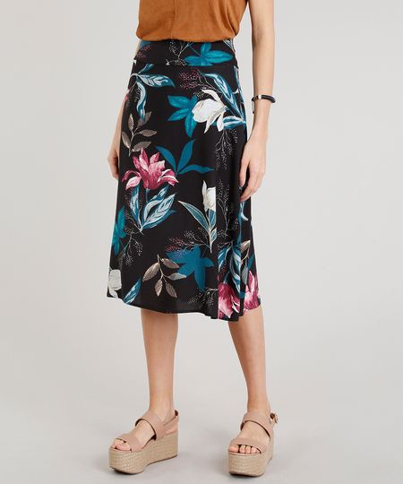 Saia-Feminina-Midi-Evase-Estampada-Floral-Preta-9309645-Preto_1