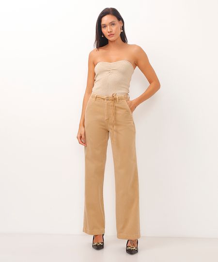 calça wide leg de sarja com amarração sawary bege 34