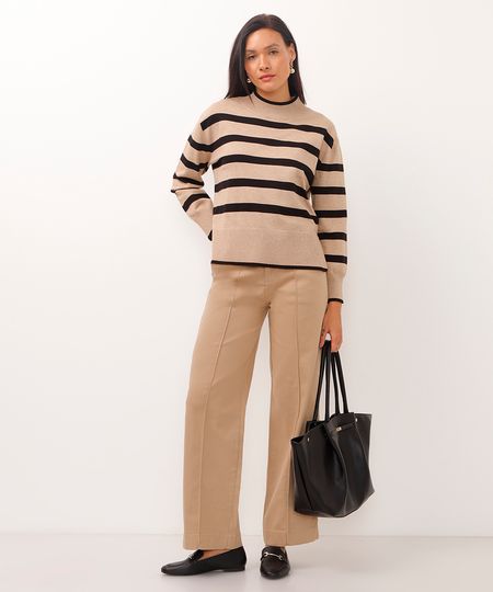 calça wide leg de sarja cintura alta com bolso sawary bege 34