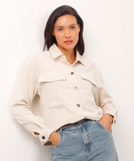 camisa shacket oversized com bolso bege GG