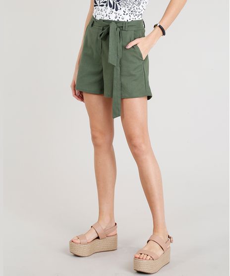 Short-Feminino-em-Linho-com-Faixa-Verde-Militar-9327280-Verde_Militar_1