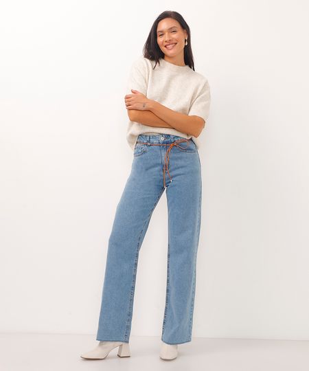 calça wide leg jeans slim cintura alta com cinto azul 46