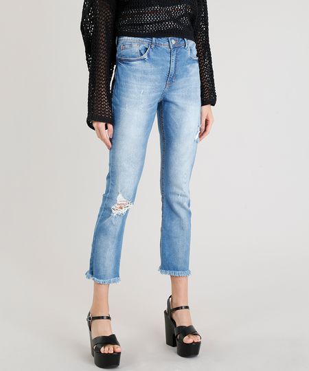 Calça Jeans Feminina Reta Vintage com Rasgos Azul Claro Menor preço em Calça Jeans Feminina Reta Vintage com Rasgos Azul Claro