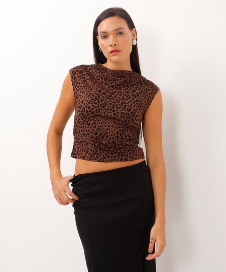 blusa de viscose manga japonesa animal print marrom PP