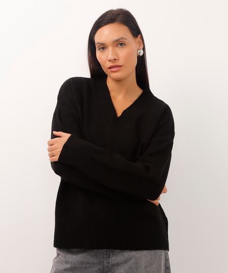 suéter de tricot oversized decote v preto G