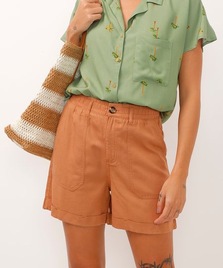 short clochard com linho cintura alta marrom 36