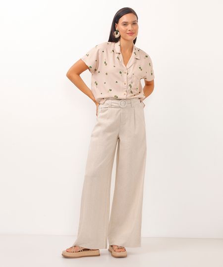 calça de viscose wide com cinto bege 38