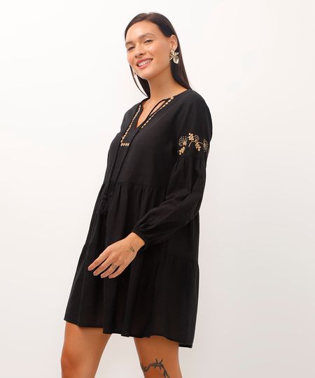 vestido curto de algodão com bordado e cordão preto GG