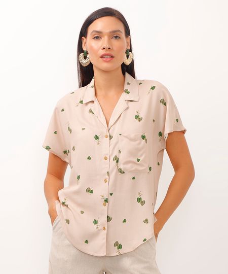camisa de viscose manga japonesa folhagem bege PP