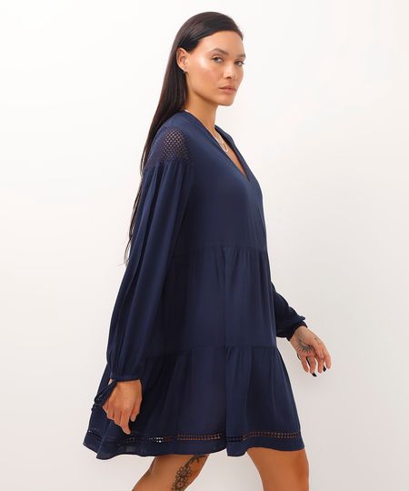 vestido bata de viscose com crochê nas costas azul marinho PP vestido bata de viscose com crochê nas costas azul marinho PP