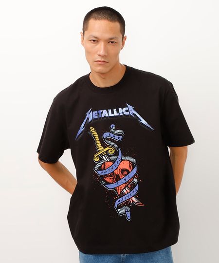 camiseta de algodão fit manga curta metallica preta P