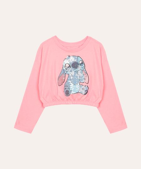 camiseta de algodão manga longa infantil stitch rosa 4