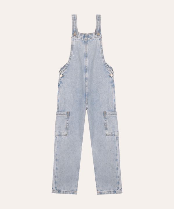 jardineira jeans infantil com brilho azul 8