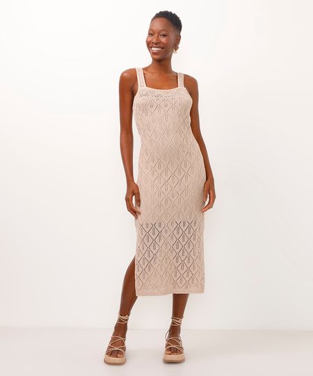vestido midi de tricot reto bege P