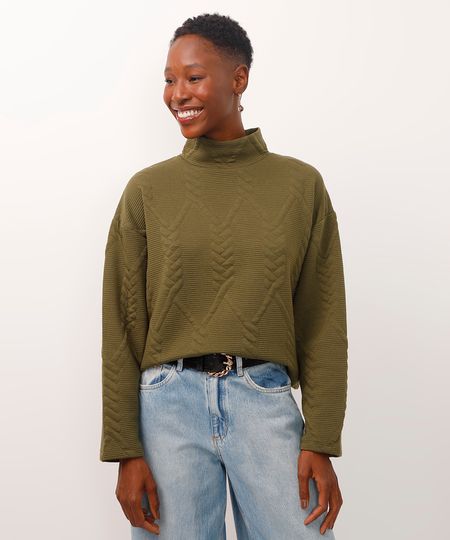 blusão de moletom gola alta texturizado verde militar PP blusão de moletom gola alta texturizado verde militar PP