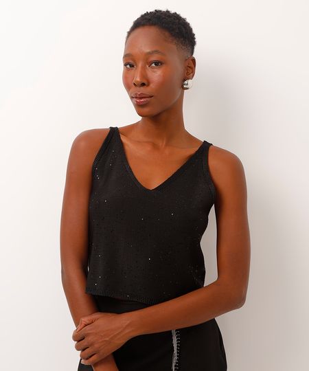 regata cropped de tricot decote v com bordado e paête preta PP