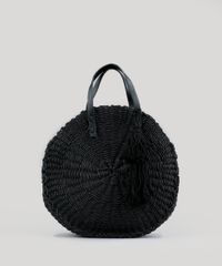 Bolsa-Feminina-de-Palha-Redonda-com-Tassel-Preta-9198295-Preto_1