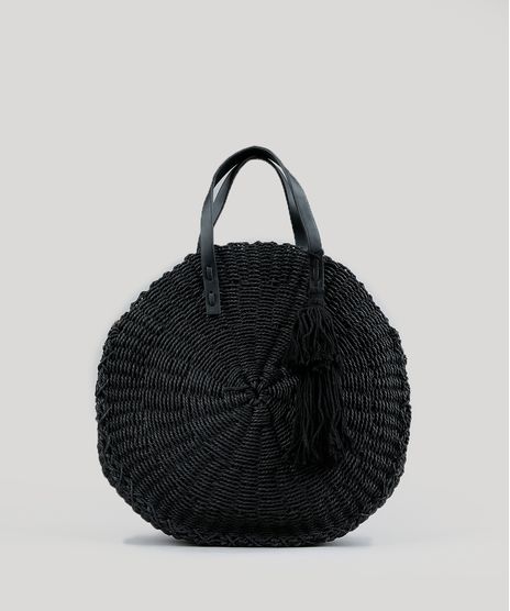 Bolsa-Feminina-de-Palha-Redonda-com-Tassel-Preta-9198295-Preto_1