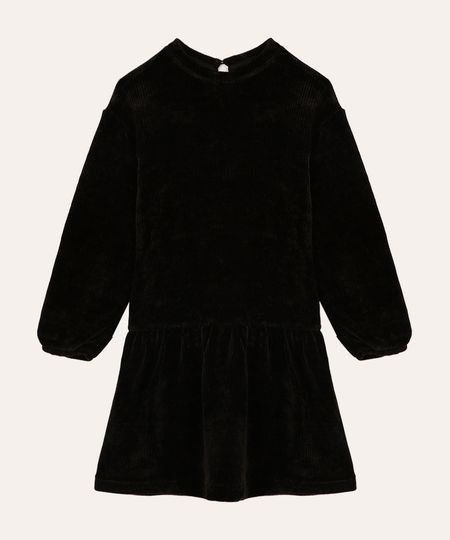 vestido de chenille infantil com babado preto 12