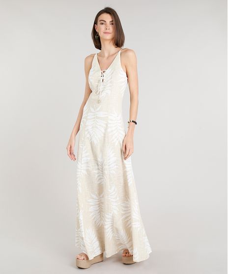 Vestido-Feminino-Longo-Estampado-de-Folhagens-com-Lace-Up-Alcas-Finas-Decote-V-Bege-Claro-9201363-Bege_Claro_1