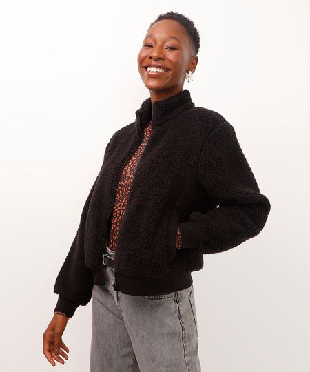 jaqueta de pelúcia gola alta com bolso preta PP jaqueta de pelúcia gola alta com bolso preta PP