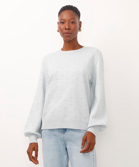 blusa de tricot manga bufante texturizada em poá azul G