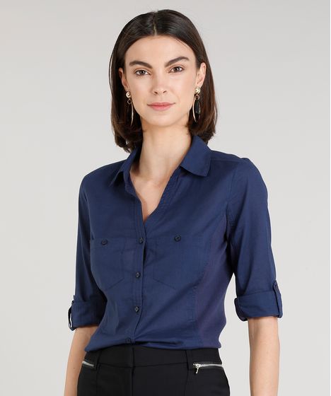 Camisa Feminina Com Recorte Canelado Manga Curta Azul Marinho Cea