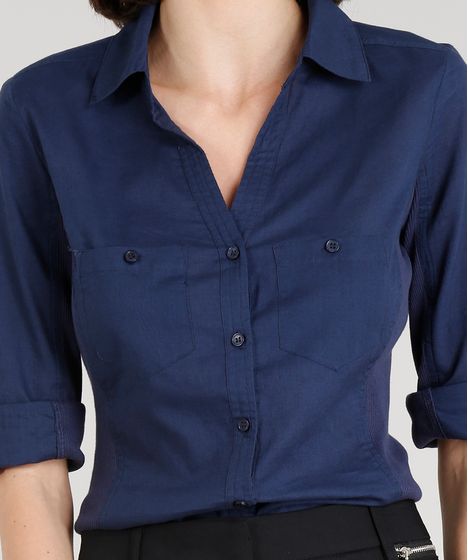 Camisa Feminina Com Recorte Canelado Manga Curta Azul Marinho Cea