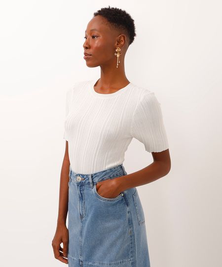 blusa de tricot texturizada manga curta off white PP