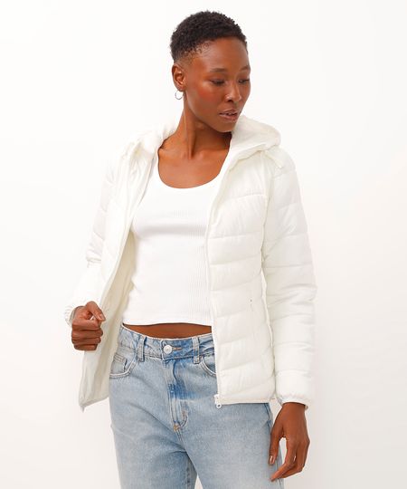 jaqueta alongada puffer com capuz - off white GG jaqueta alongada puffer com capuz - off white GG