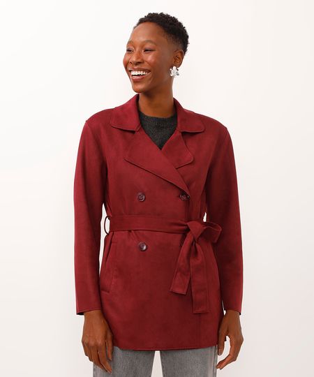 casaco trench coat de suede com faixa vinho PP