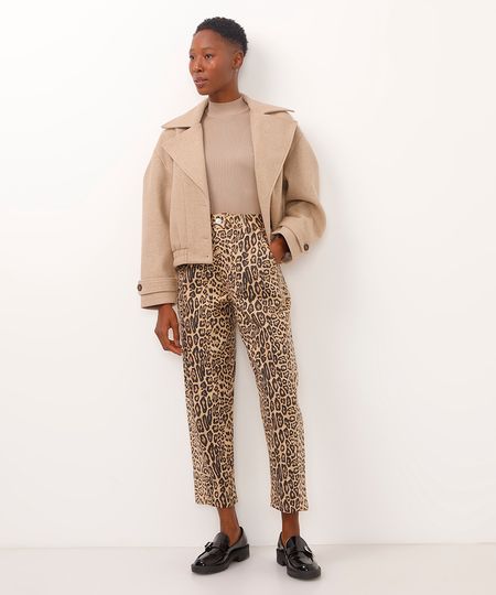 calça baggy de sarja cintura super alta animal print bege 38 calça baggy de sarja cintura super alta animal print bege 38
