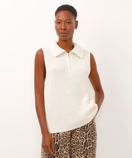 colete de tricot com zíper off white M