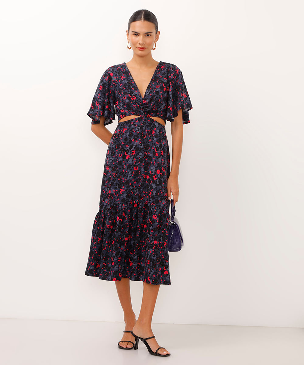 vestido midi de viscose com recortes floral azul marinho