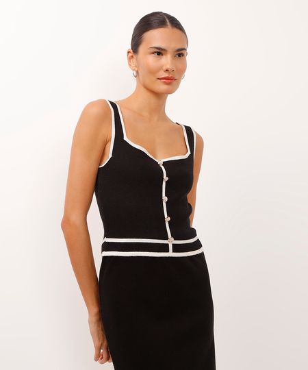 regata cropped de tricot bicolor com botão preta M