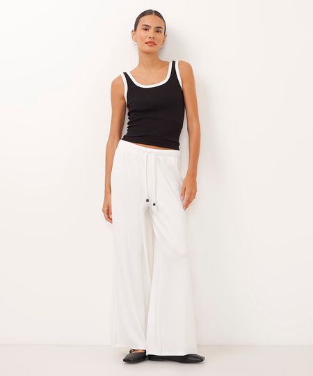 calça reta texturizada cintura alta com elástico - off white M