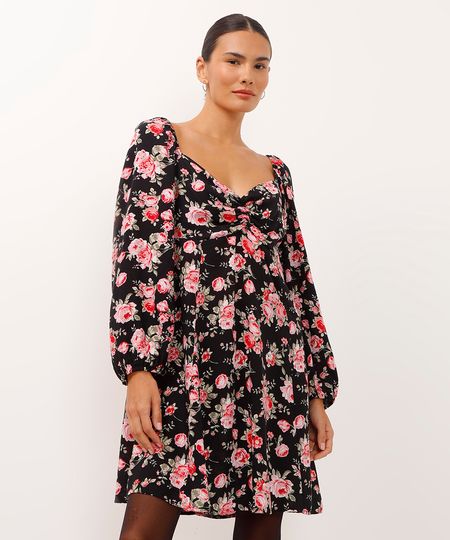 vestido curto de viscose manga bufante floral preto PP vestido curto de viscose manga bufante floral preto PP