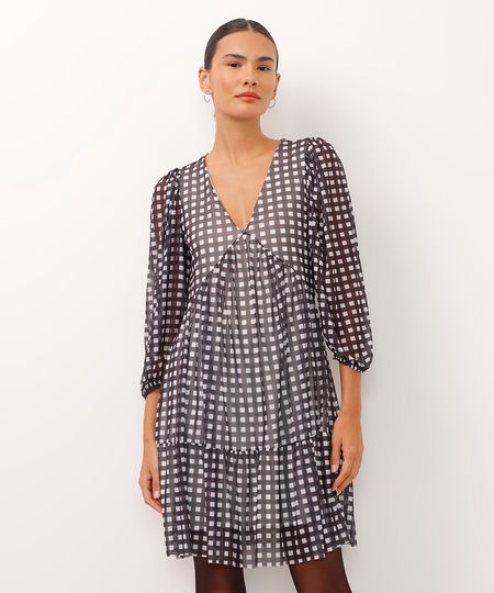 vestido curto de tule manga bufante xadrez preto PP