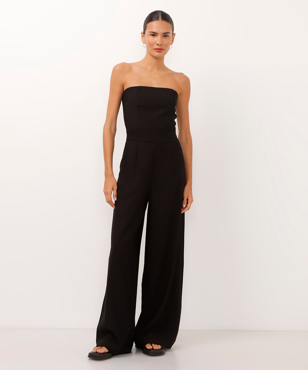 macacão wide leg de alfaiataria sem alça preto