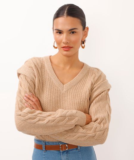 suéter de tricot decote v teturizada bege G