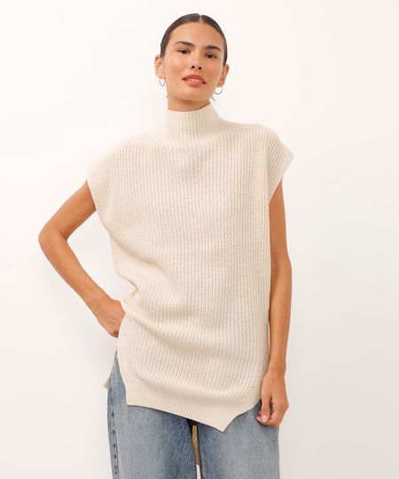 regata de tricot gola alta assimétrica bege G regata de tricot gola alta assimétrica bege G