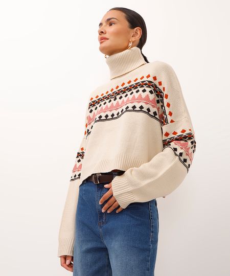 suéter cropped de tricot gola alta jacquard geométrico bege PP suéter cropped de tricot gola alta jacquard geométrico bege PP