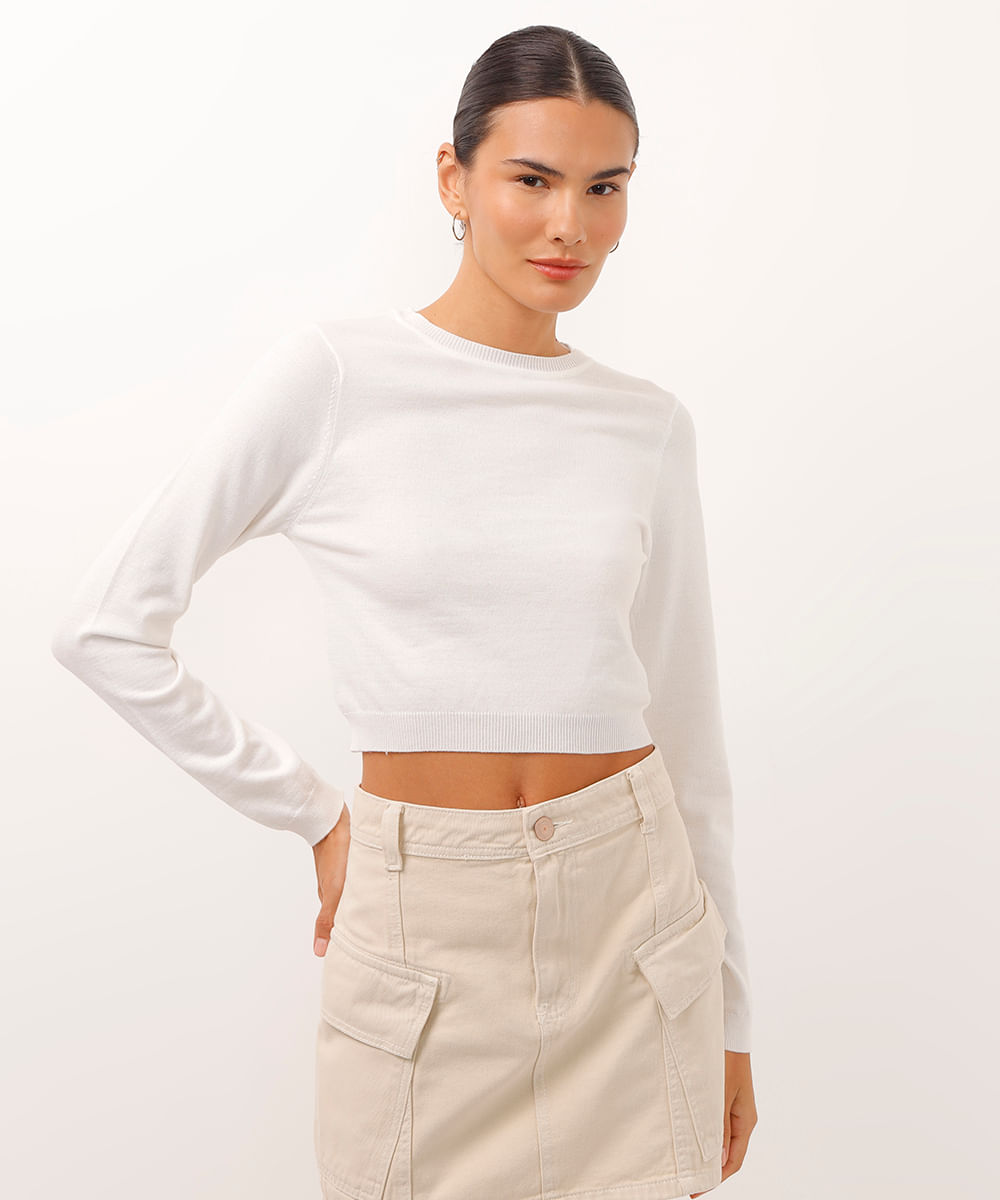 blusa cropped de tricot manga longa off white