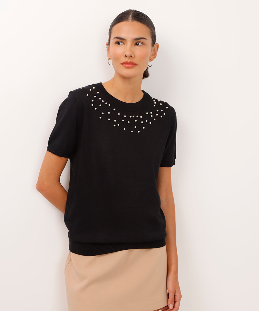 blusa de tricot manga curta com pérolas preta